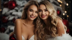 Beautiful young women in Santa Claus clothes posing at christmas time