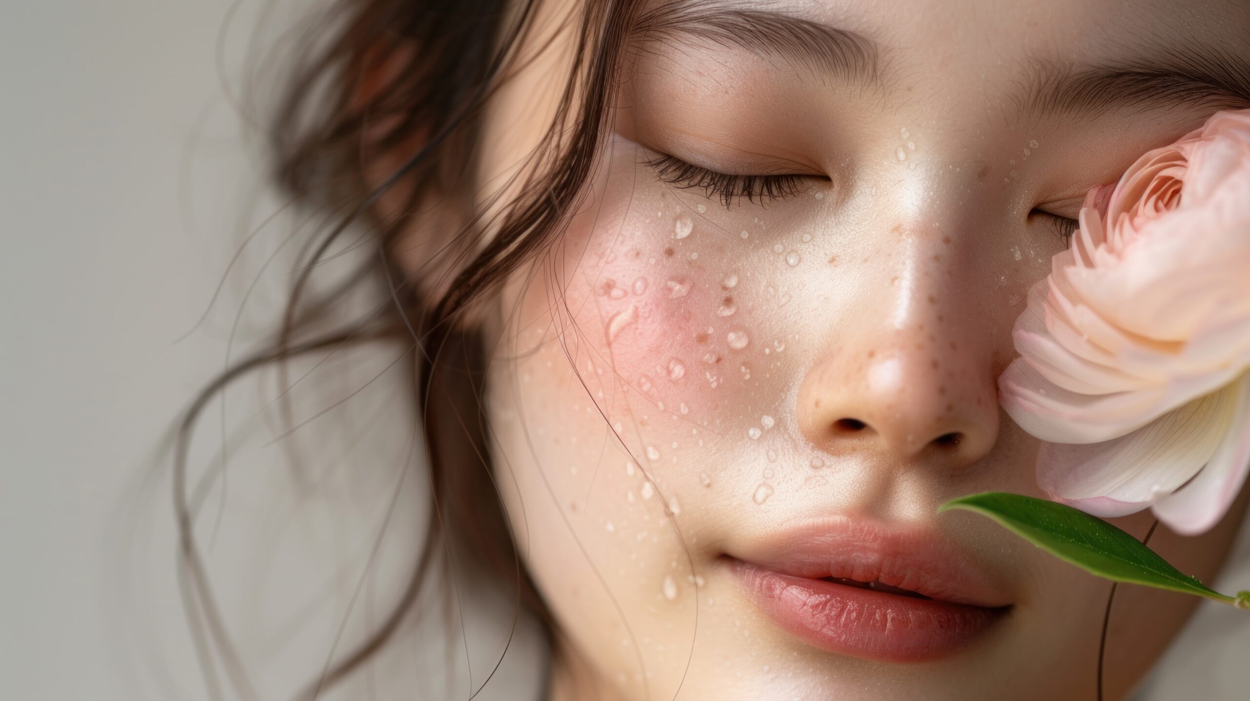 A close-up of a woman’s face with closed eyes dewy skin and a single pink rose petal resting on her closed eyelid. A close-up of a woman's face with closed eyes dewy skin and a single pink rose petal resting on her closed eyelid.